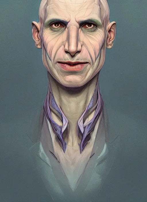 Prompt: head-on symmetrical centered painted portrait, a smiling bald androgynous man with completely blue skin in his thirties as a D&D wizard with the nose of Voldemort, fantasy, intricate, elegant, highly detailed, digital painting, smooth, sharp focus, illustration, artstation, in the style of Yoann Lossel and Conrad Roset