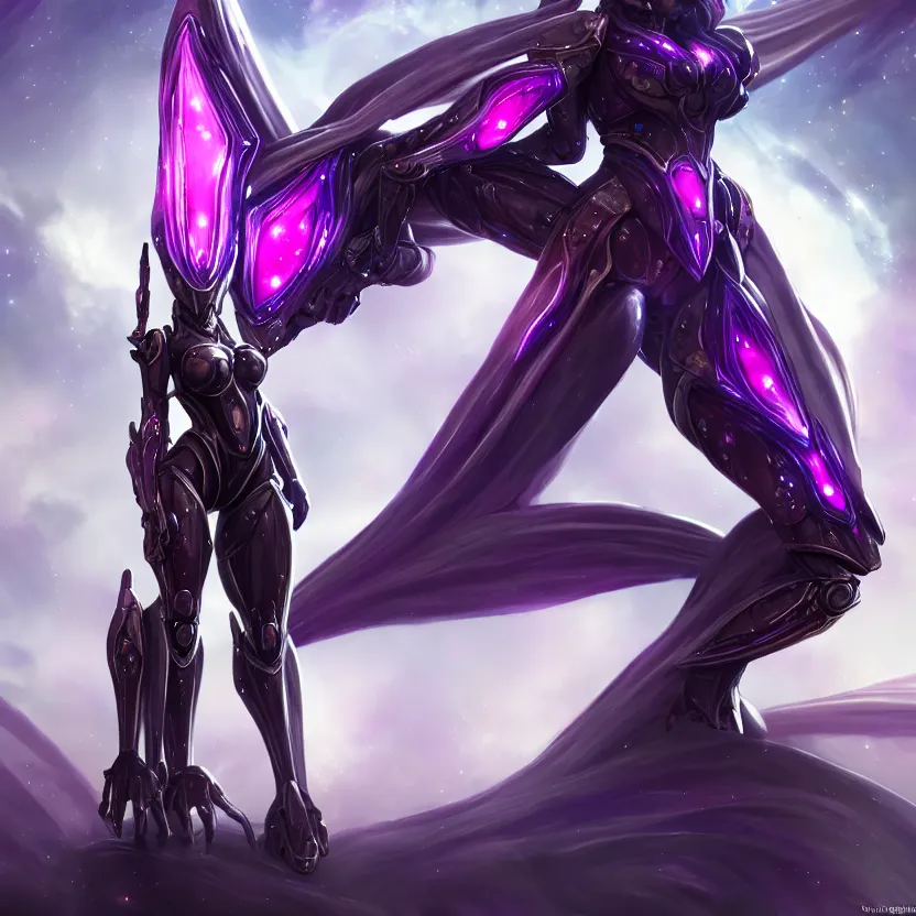 Image similar to cinematic front shot, cosmic sized proportional stunning beautiful hot female warframe, detailed robot mecha female dragon head, metal ears purple eyes, sleek silver armor, fuschia skin, floating in empty space, nebula sized, posing elegantly, epic proportions, epic size, epic scale, furry art, dragon art, giantess art, warframe fanart, furaffinity, deviantart