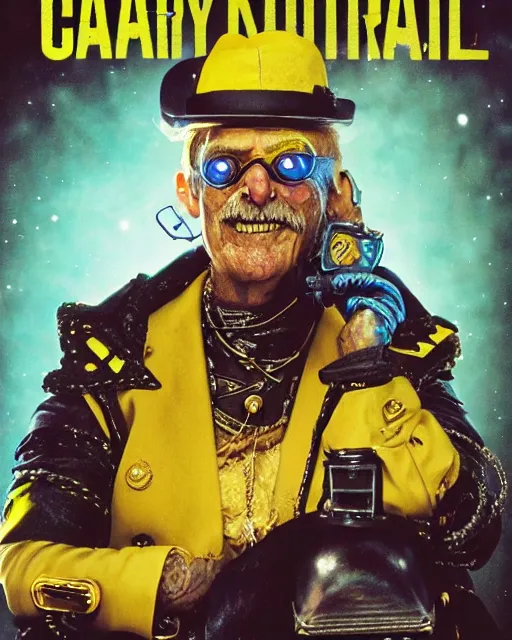 Prompt: an intimate portrait of a gnarly human cyberpunk captain, old skin, faded hat, charming, strong leader, monocle, a look of cunning, big smile, detailed matte fantasy painting, the night war rages behind him, lasers, chains, sparks, yellow and blue and cyan
