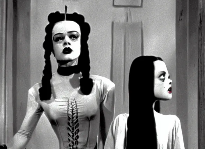 Prompt: bride of frankenstein ( 1 9 3 5 ) as child wednesday addams, still from the addams family ( 1 9 9 1 )