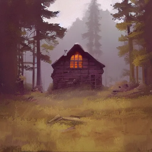 Image similar to a painting of a eerie cabin in the middle of the woods in the style of craig mullins