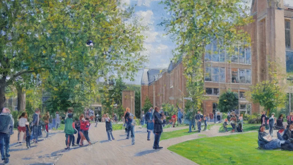 Image similar to impressionist oil painting of campus life at University college dublin