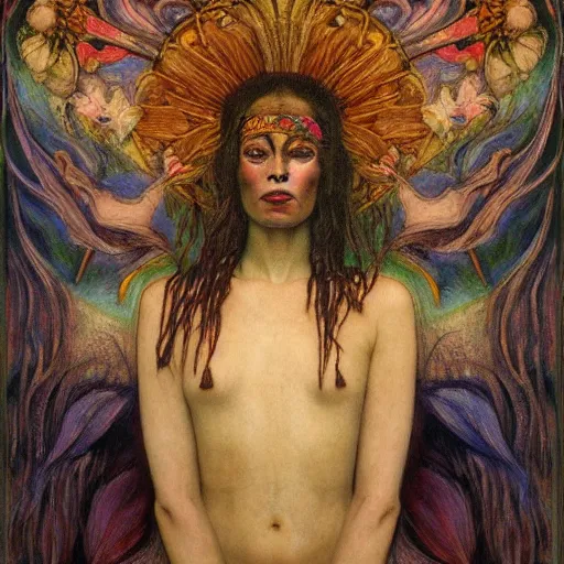 Prompt: masterpiece painting of a dark flower shaman, by annie swynnerton and jean delville and diego rivera and evelyn de morgan, facemask made of flowers, art brut, outsider art, symbolist, dramatic lighting, god rays, elaborate geometric ornament, clean crisp graphics, smooth sharp focus, extremely detailed, adolf wolfli