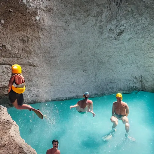 Image similar to a photograph of people diving in the waterfilled limestone quarry in gronhogen, oland, sweden, summertime, magical light