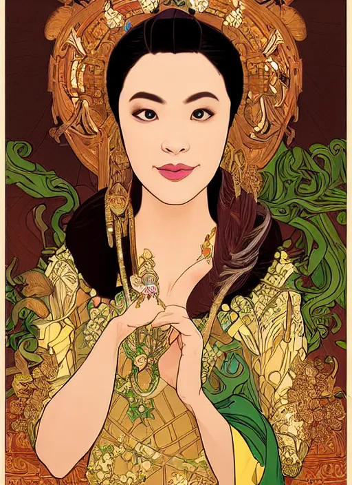 Prompt: well - lit art nouveau portrait of queen sirikrit of thailand, winatural lighting, path traced, real face, thai elegant traditional costume, highly detailed, high quality, cartoon, digital painting, by don bluth and ross tran and studio ghibli and alphonse mucha