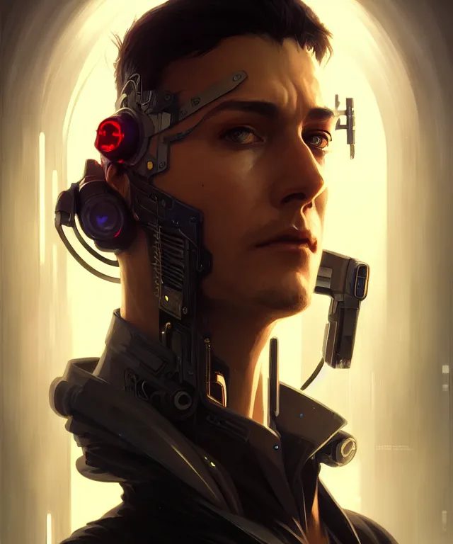 Image similar to cyberpunk hacker man portrait, sci - fi face, elegant, highly detailed, digital painting, artstation, concept art, smooth, sharp focus, illustration, art by artgerm and greg rutkowski and alphonse mucha