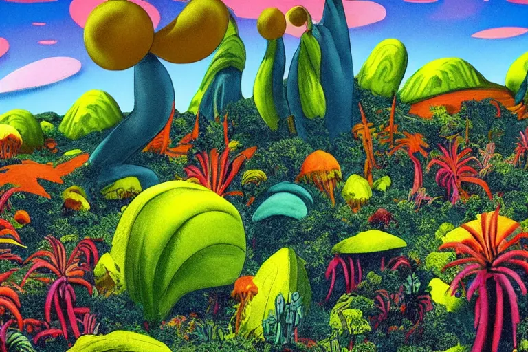 Prompt: vhs footage of a colorful alien world, with absurd looking mountains and terrain, green grass, and lots of weird alien plants, bright blue sky, wide angle view, dr seuss inspired