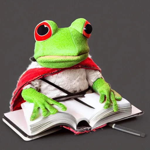 Image similar to frog cleric as an albino chibi muppet plush wearing a big dark wolf pelt headdress and carrying a tiny sketch book and pencil, photorealistic, photography, national geographic, sesame street
