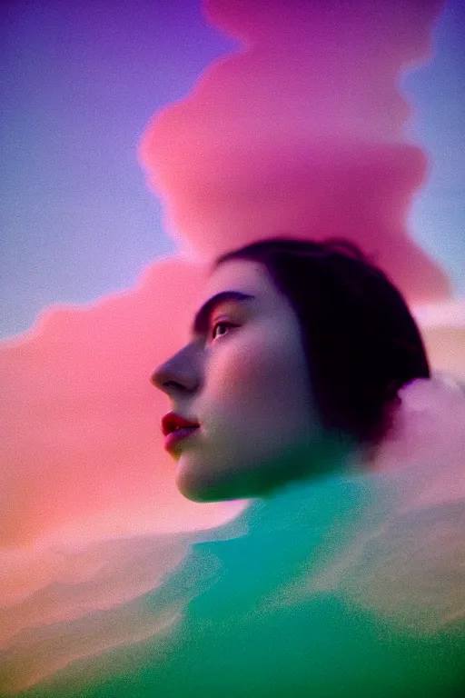 Image similar to high quality pastel coloured film close up wide angle photograph of a model wearing clothing swimming on cloud furniture in a icelandic black rock!! environment in a partially haze filled dreamstate world. three point light, rainbow. photographic production. art directed. pastel colours. volumetric clouds. pastel gradient overlay. waves glitch artefacts. extreme facial clarity. 8 k. filmic.