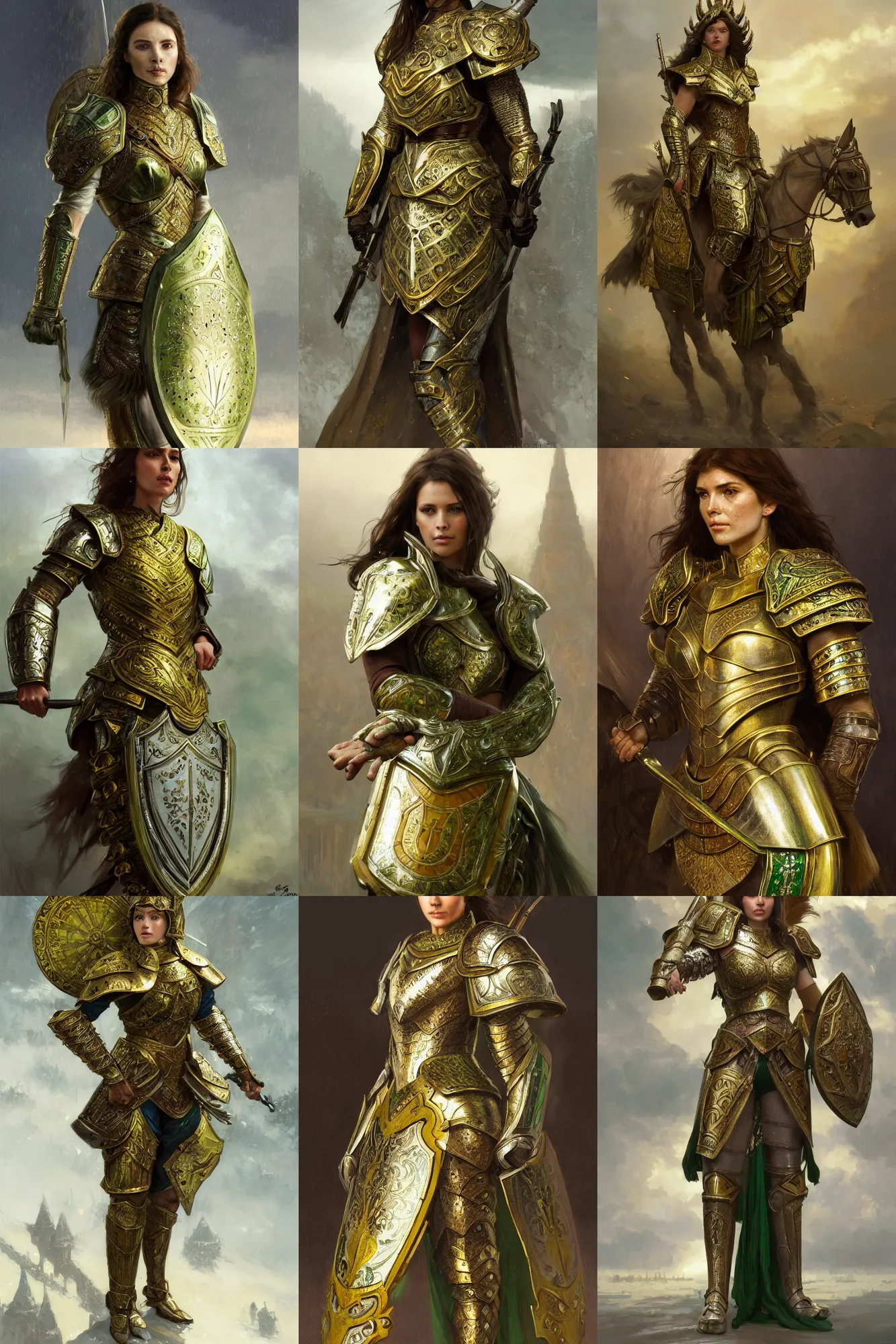 Prompt: full body portrait of a female warrior medium length brown hair and a very highly detailed face wearing elegant white, green and gold plate mail armor intricately painted, holding a rectangular tower shield, very highly detailed, artstation, cgsociety, realistic character concept art, sharp focus, by greg rutkowski, wlop, and alphonse mucha