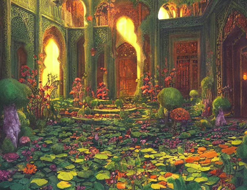 Prompt: lovecraftian persian palace garden. this oil painting by the beloved children's book illustrator has dramatic lighting, an interesting color scheme and great sense of depth.