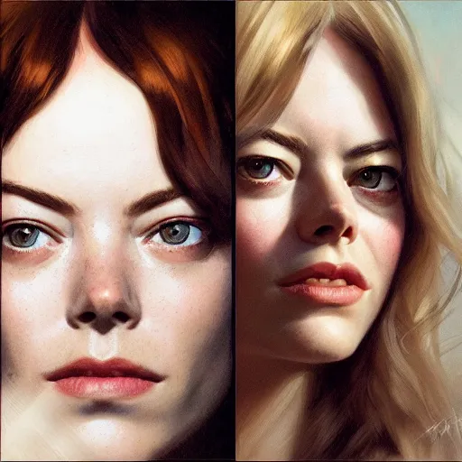 Image similar to face portrait : left - half of face is is sad emma stone, right - half of face is smiling emma stone, fine details, realistic shaded lighting poster by greg rutkowski, magali villeneuve, artgerm, jeremy lipkin and michael garmash and rob rey