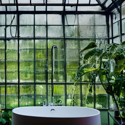 Prompt: a bathroom in a modern greenhouse, lights shining through the murky windows, a showerhead in the center, 4k