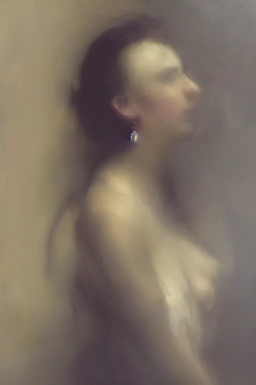 Image similar to detailed cinematic moody colors studio portrait of a victorian lady with a sensual pose with a blurred face high quality by jeremy mann, only one head single portrait