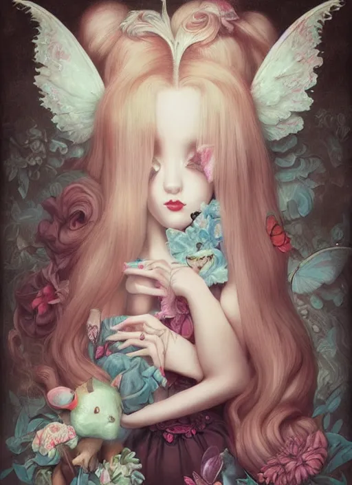 Image similar to pop surrealism, lowbrow art, realistic cute sitting alice girl painting, japanese street fashion, hyper realism, muted colours, rococo, natalie shau, loreta lux, tom bagshaw, mark ryden, trevor brown style,