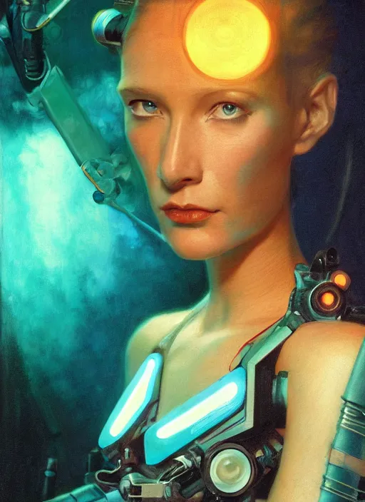 Image similar to portrait of a cyborg scientist girl, cinematic light, looking to the side off camera, backlight glow, teal orange, mist, by gerald brom, by mikhail vrubel, by peter elson, muted colors, extreme detail, trending on artstation, 8 k
