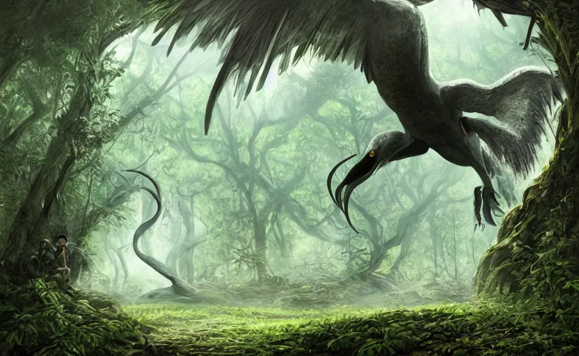 Prompt: a beautiful matte painting of a miocene eldritch terror bird emerging out of a portal into a lush forest, art by kelly freas and joe sorren, f 1 6, trending on artstation