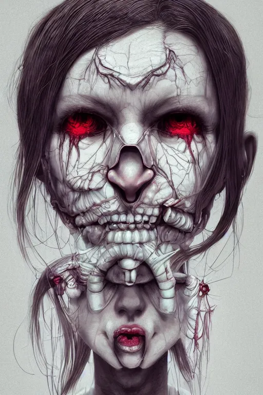 Image similar to cartoon portrait of a creepy horror nurse girl . intricate abstract. intricate artwork. nightmare fuel. terrifying. by Tooth Wu, wlop, dan mumford , trending on artstation, greg rutkowski very coherent symmetrical artwork. cinematic, hyper realism, high detail, octane render, 8k