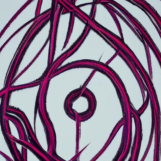 Prompt: minimalist nonprofit logo. sensual, curving black, red, and purple brushstrokes on a circular white background. motifs such as heart, fire, barbed wire, leather straps, thorns.