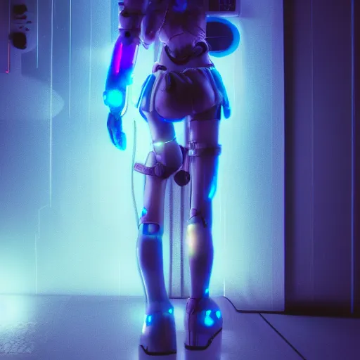 Image similar to blue cyber porcelain doll with led eyes. standing in middle of dark hallway. volumetric light on back. broken neon lighting. cyberpunk. high details, photorealistic, artstation trending. dark mood. anime, akira.