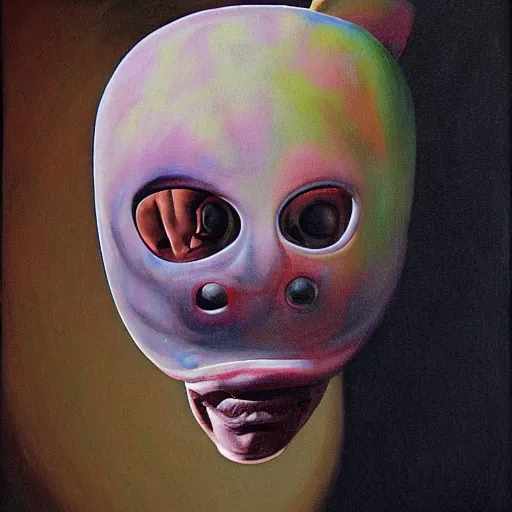 Image similar to man wearing axolotl mask. detailed painting by derek riggs.