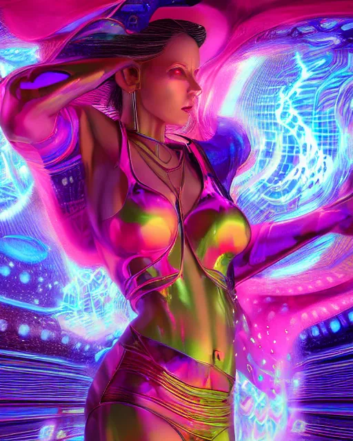 Prompt: a powerful energy psychedelic matrix woman, by alexander fedosav, hyper detailed digital matte painting, concept art, hyperrealism, 1 6 k resolution, cinema 4 d, 8 k resolution, trending on artstation, behance hd, a masterpiece, by stephan martiniere, particles, cel - shaded, power bright neon energy, by david a. hardy,