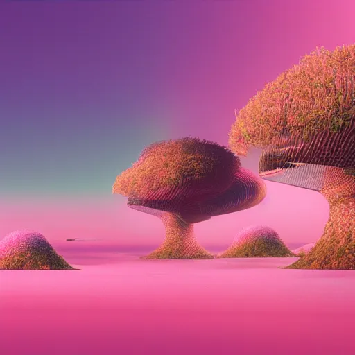 Image similar to panorama,utopia,science fiction,bio-inspired,organic,sunny,michael whelan,retro wave, pink hues,octane render