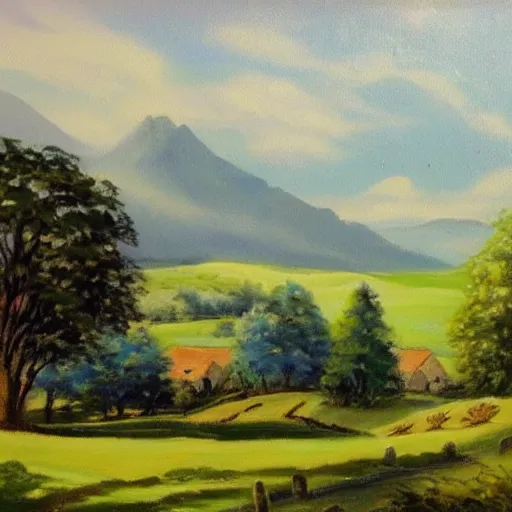 Image similar to landscape painting of the shire, bag - end, painting by bob ross