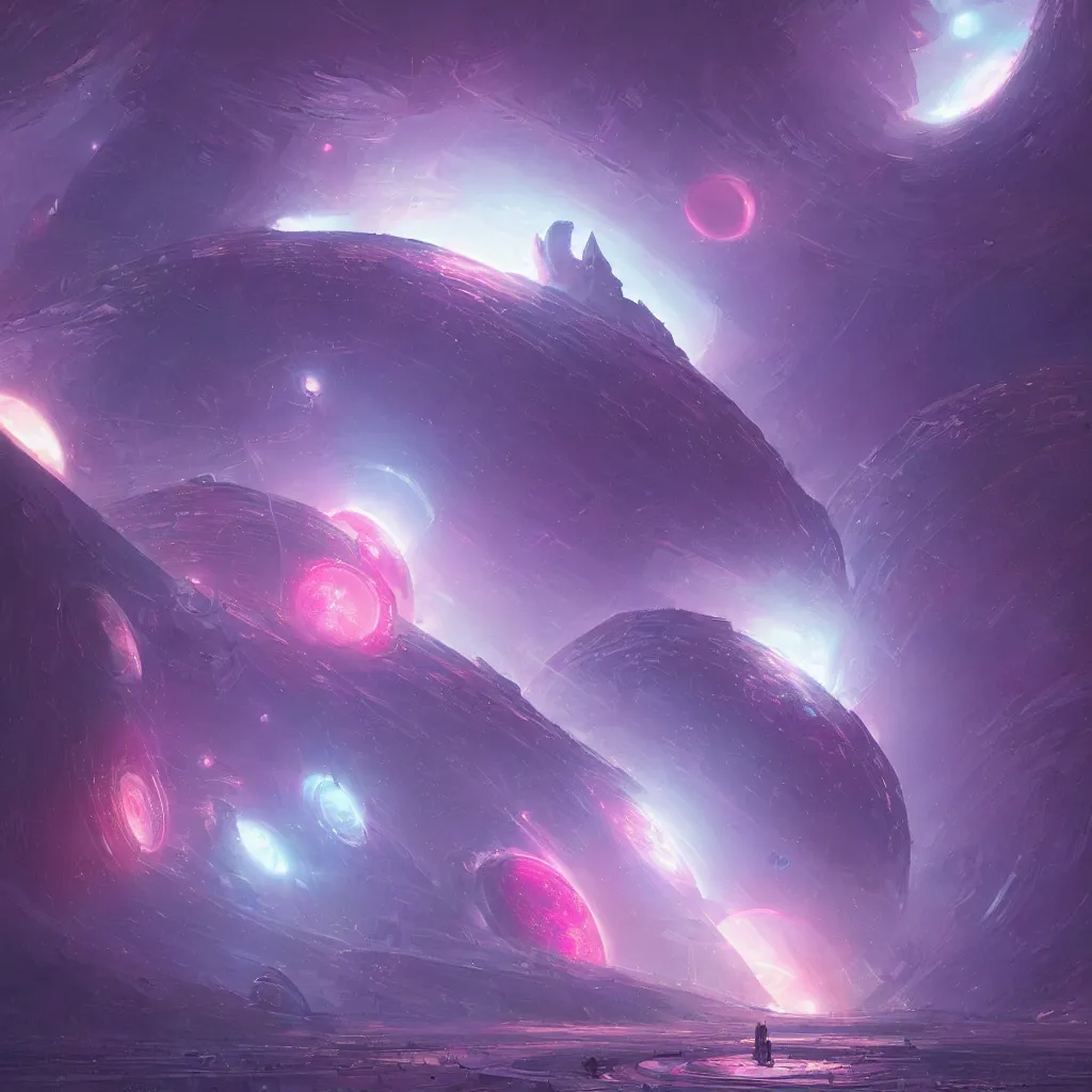 Image similar to dyson sphere program pink planet, blue galaxyportals concept art, by greg rutkowski