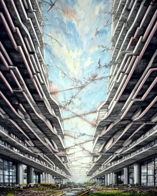 Prompt: a beautiful hyperdetailed painting of building unfinished building industrial architecture city hall abandoned nature urbex by toyo ito, thermal imaging apocalyptic, archdaily, wallpaper, highly detailed, trending on artstation.