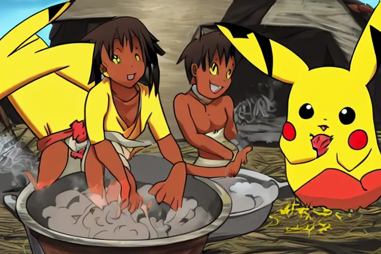 Image similar to pikachu getting cooked in a pot by african tribesmen, anime style