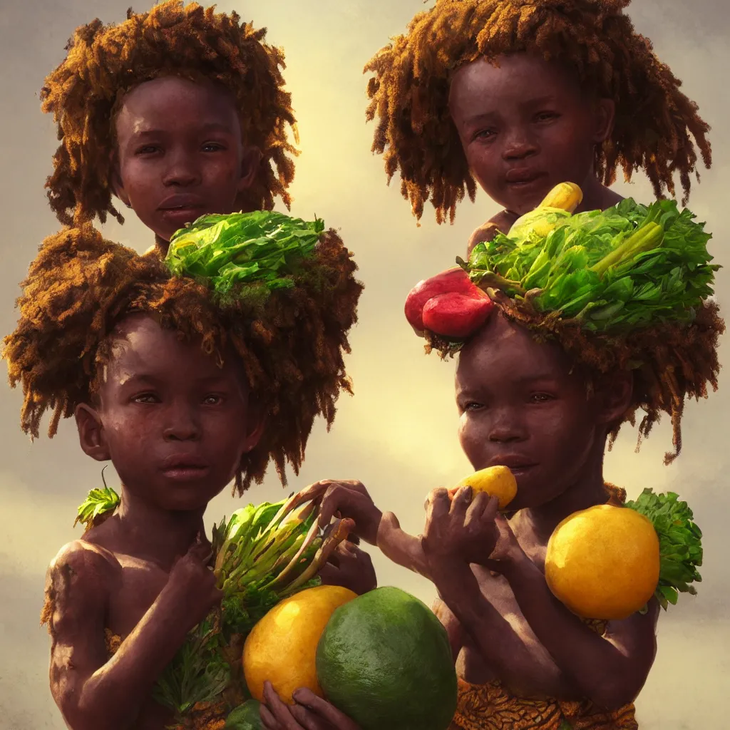 Image similar to Portrait, Happy African child carrying fruit and veg, divine details intricate African jewelry, fairycore, rainbow warrior, semi realistic comic Dr Zeus, octane render, A harmonious integration happy concept art Akitipe studios, volumetric lighting cinematic +8k, ethereal fantasy by greg rutkowski, Trending on artstation