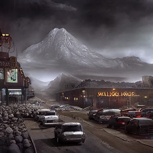 Image similar to a matte painting of a Waffle House inside of Mordor,