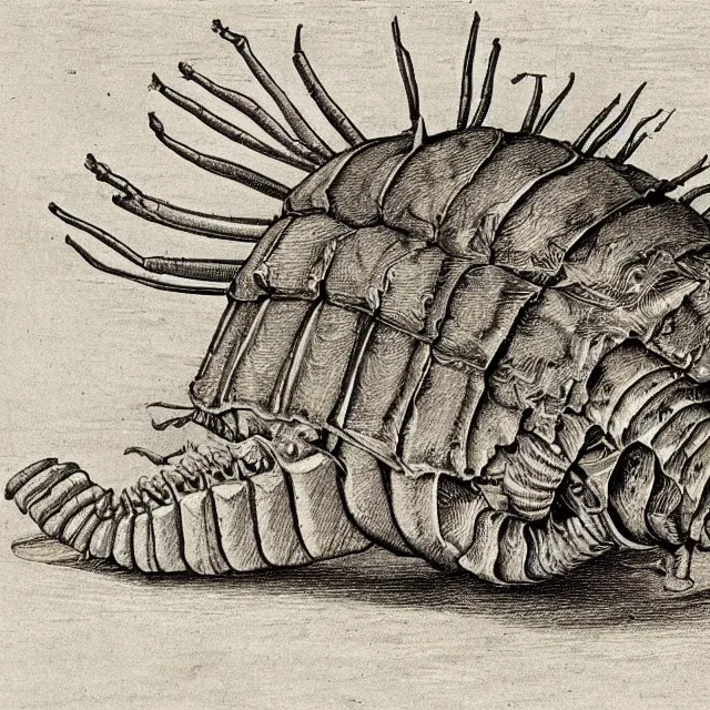 Prompt: a detailed, intricate drawing of a giant isopod on a beach, by albrecht durer
