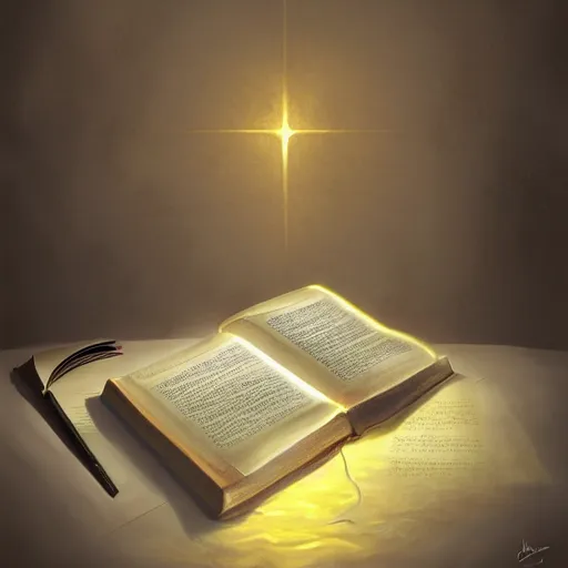 Image similar to photorealistic Bible, heavenly light shining onto it, golden light, aura, cgsociety, artstationhq, digital art, detailed