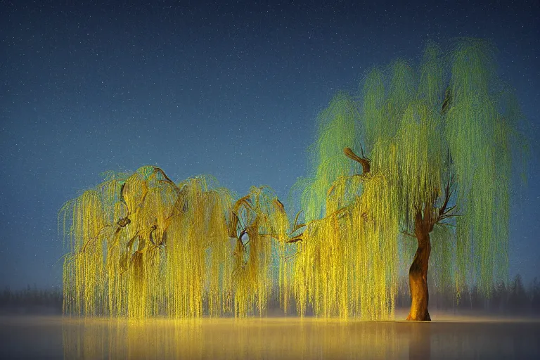 Image similar to a magical weeping willow tree in a mystical atmosphere during autumn and blessed by fae, on a frozen river with orange and yellow leaves and aurora borealis by denis forkas and alan lee, rendered in mandlbulb3d