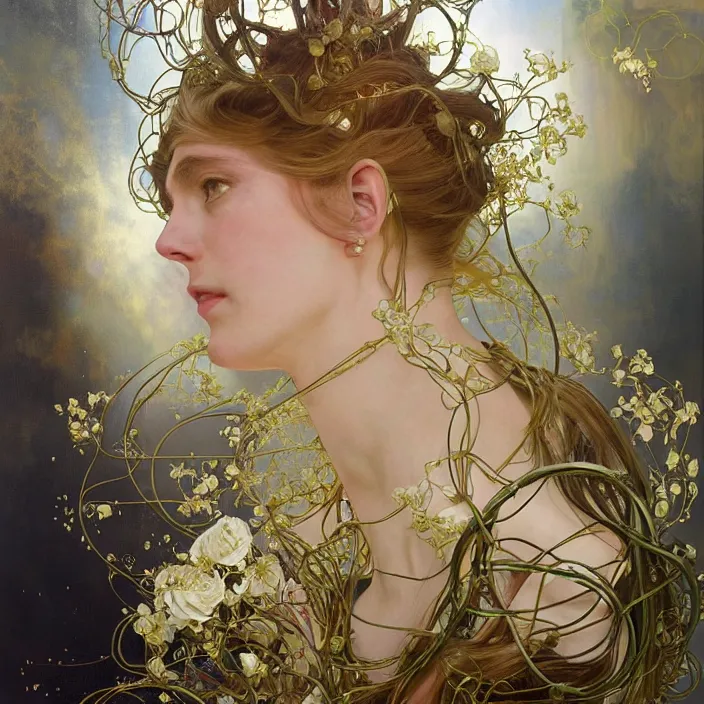 Image similar to hyperrealist portrait of a 2 0 4 4 space sport engineer, it is decorated with long gold wires and white roses that fall like vines and wears a huge computer crown. by jeremy mann and alphonse mucha, fantasy art, photo realistic, dynamic lighting, artstation, poster, volumetric lighting, dramatic light, very detailed faces, 8 k, award winning