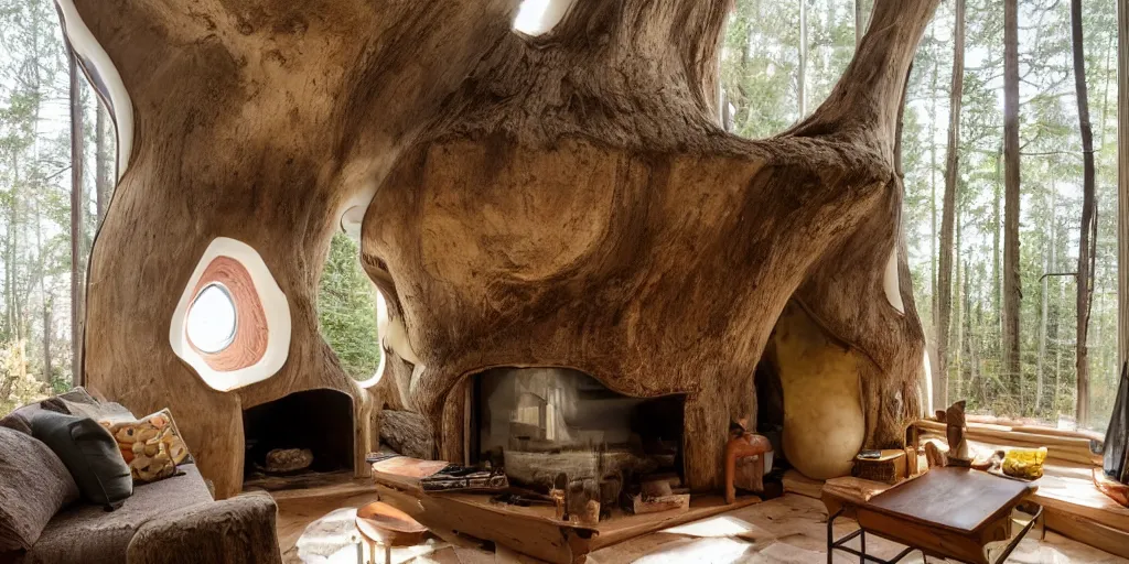 Image similar to cozy residence in the cap of enormous toadstool mushroom, warm light in windows, chimney