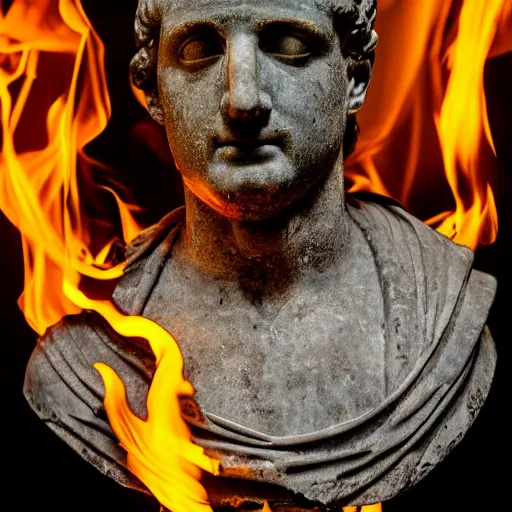 Image similar to an ancient Roman bust engulfed in flames in a pitch black room, high contrast, black, realistic