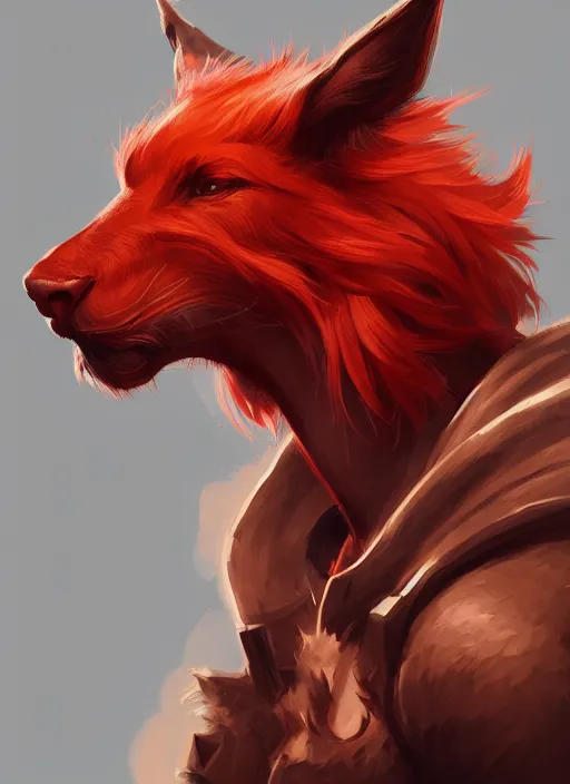 Image similar to a highly detailed illustration of attractive young red haired man with red animal ears wearing brown suit, dramatic pose, intricate, elegant, highly detailed, centered, digital painting, artstation, concept art, smooth, sharp focus, league of legends concept art, wlop