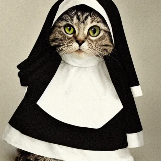 Prompt: color studio photo of a a cute!!! cat dressed like a catholic nun