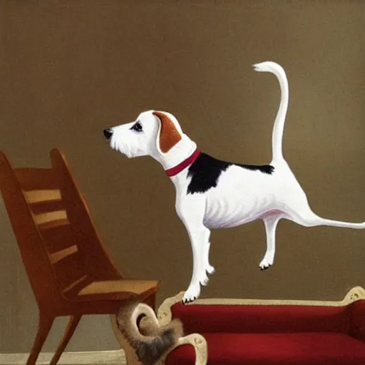 Image similar to a parson russell terrier jumping onto furniture, children's illustration