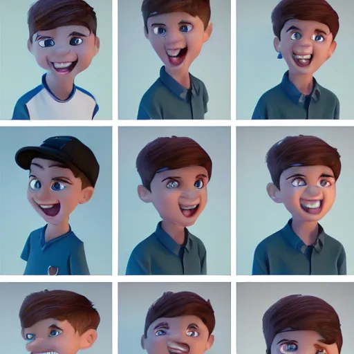 Prompt: A set of 10 images, showing a different emotion in each image, of new cartoon character of a boy in the mix of disney and pixar style, name of the character is chad, 8k, insane details, ultra realistic, octane render, photorealistic, hyperrealism
