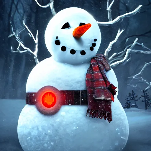 Image similar to a snowman, half made out of cyborg parts, with one glowing red eye, with an evil smile on his face, in the middle of a snow forest, dynamic lighting, photorealistic fantasy concept art, trending on art station, stunning visuals, creative, cinematic, ultra detailed