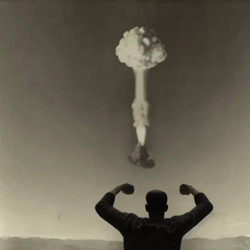 Image similar to atomic bomb being dropped on man looking up