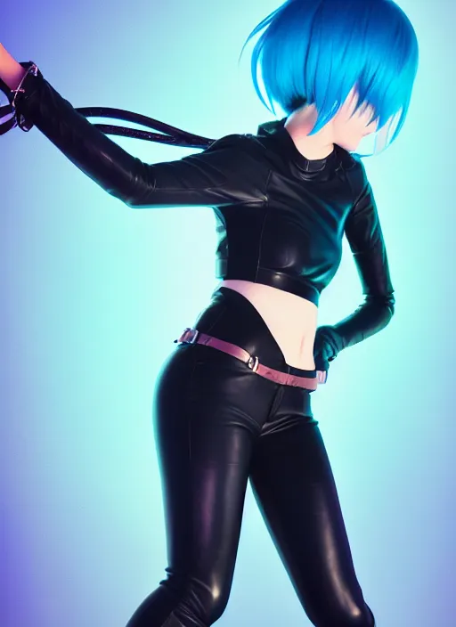 Prompt: hyper realistic photograph portrait of pretty girl with blue hair, wearing a full leather outfit, holding a whip, dramatic lighting by makoto shinkai, ilya kuvshinov, lois van baarle, rossdraws, basquiat