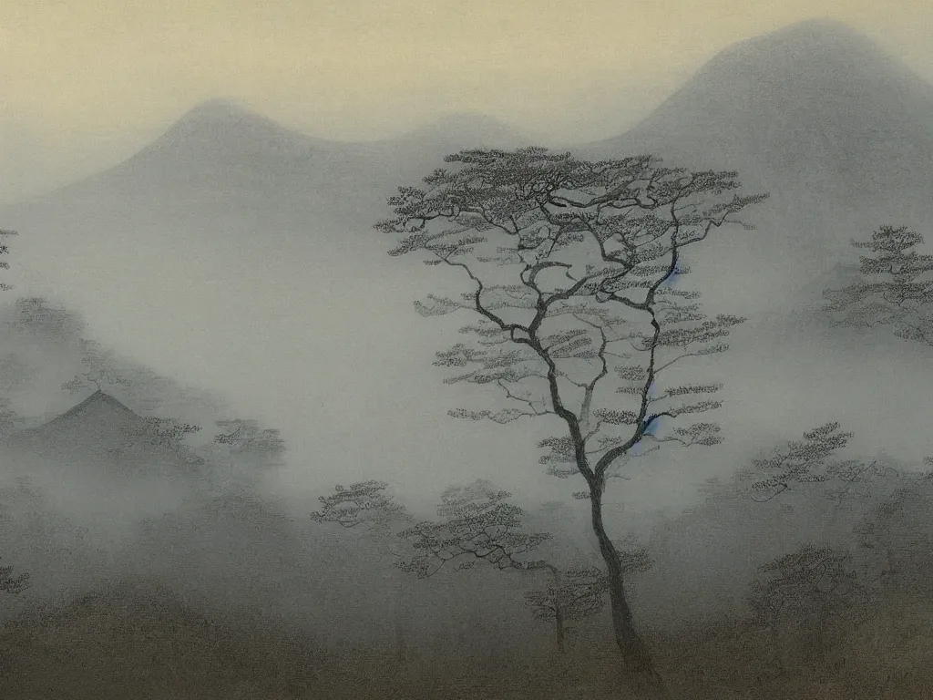 Image similar to View of the old Kyoto in the fog. Painting by Caspar David Friedrich