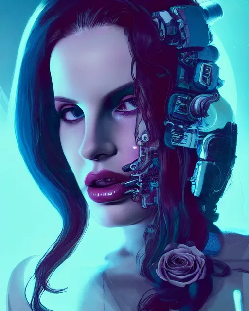 Image similar to portrait of lana del rey as a cyberpunk cyborg. sci - fi intricate abstract. intricate artwork, tear drops, roses, by tooth wu, wlop, beeple, dan mumford. concept art, octane render, trending on artstation, greg rutkowski, asymmetrical, cinematic arthouse, key art, hyper realism, iridescent accents