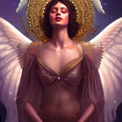 Image similar to A beautiful digital painting of a female angel full of jewels, princess, the moon behind her, intricate, cinematic lighting, highly detailed, digital painting, Artstation, concept art, smooth, sharp focus, illustration, art by Tom Bagshaw, Artgerm and Greg Rutkowski