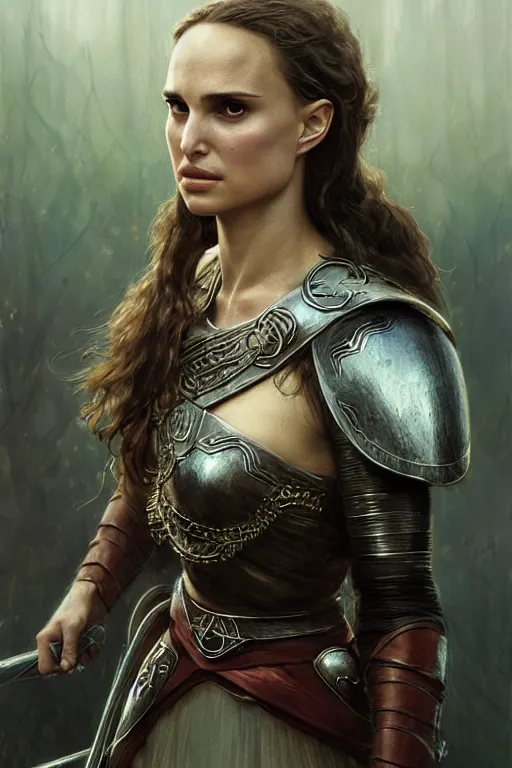 Image similar to natalie portman, legendary warrior, heroic, lord of the rings, tattoos, decorative ornaments, battle armor, by carl spitzweg, ismail inceoglu, vdragan bibin, hans thoma, greg rutkowski, alexandros pyromallis, perfect face, fine details, realistic shading photorealism